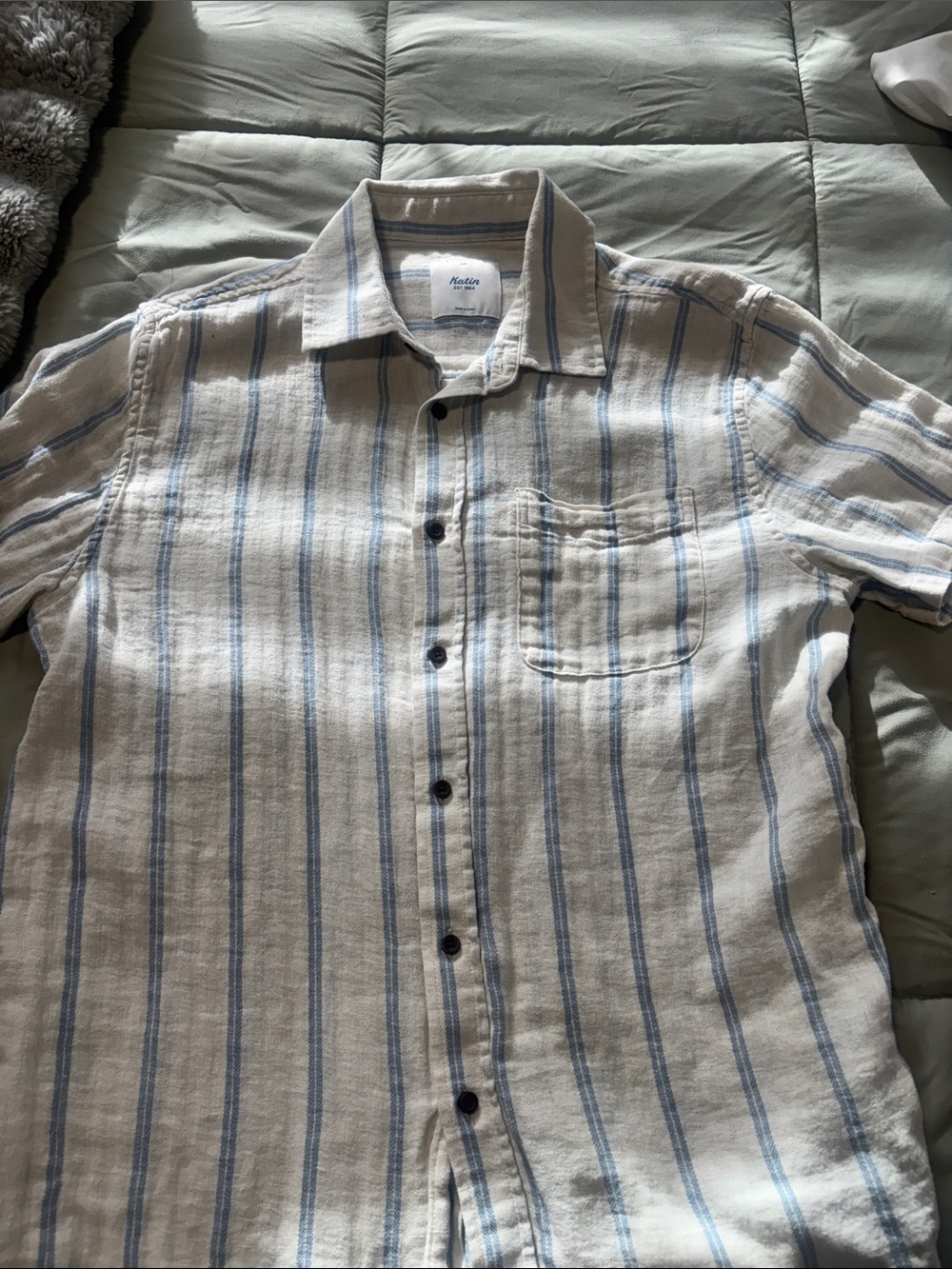 Katin Cream Short-Sleeve Button-Up with Blue Stripes